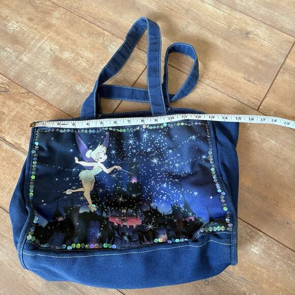 Disney Tinker Bell Tote Bag Blue Canvas Sequins Fairy Stars Castle Print Purse - Picture 7 of 7